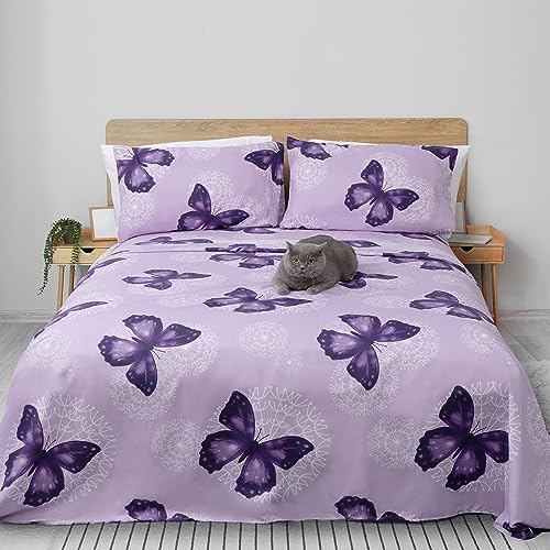 Linge de lit en microfibre douce violet, parure de lit 3 pièces lit simple avec drap plat