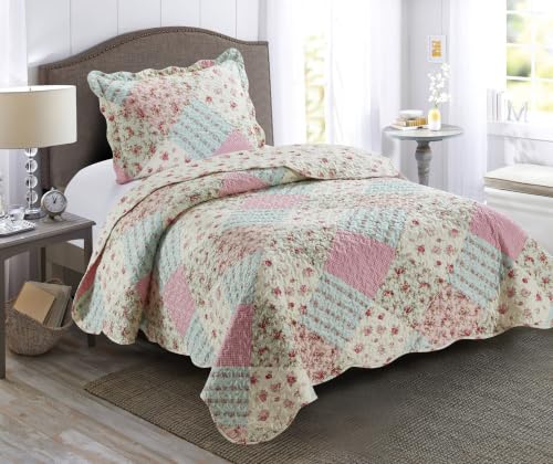 Brilliant Sunshine Pink & Green Roses Quilt Twin Size