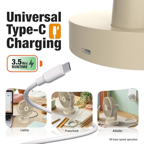 Image of Orient Electric Elfie Rechargeable Personal Fan | 90 Adjustable Airflow | 1800 mAh Battery | 4 Speed Modes | Quiet Operation | USB Type-C Charging | Compact Mini Fan (Beige)