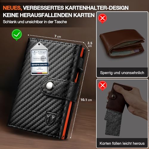 TENBST Geldbörse Herren mit Münzfach & RFID Schutz, Slim Wallet Kartenetui Klein, Portmonee Geldbeutel Herren, 10 Fächer für Kreditkarten Kreditkartenetui - Schwarz & Orange