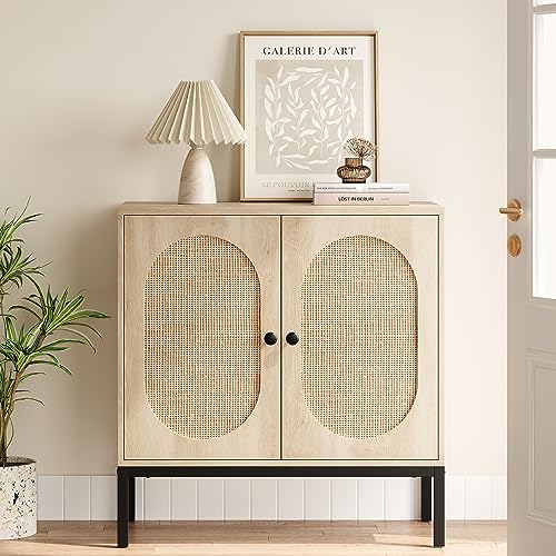 Image of Sideboard Buffet Cabinet with Storage, Accent Cabinet with Rattan Doors, Adjustable Shelf & Metal Feet, Coffee Bar Liquor Cabinet for Living Room, Dining Room, Hallway & Kitchen,Beige