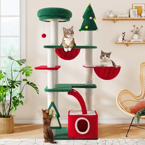 SHA CERLIN 67in Tall Cat Tree/Climbing Tower with Top Perch Hammock Sisal Scratching Posts/Cute Condo for Indoor Kitties/Pet Feline House/Activity Center/Christmas Decor/Green & Red