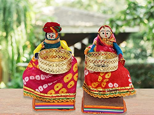 Image of JH Gallery Handmade Recycled Material Rajasthani Dolls Puppet Tealight Candle Holder, Multicolor, 11 x 11 cm, 1 Pair, Home Decor & Decoration Items for Living Room, Office and Hall