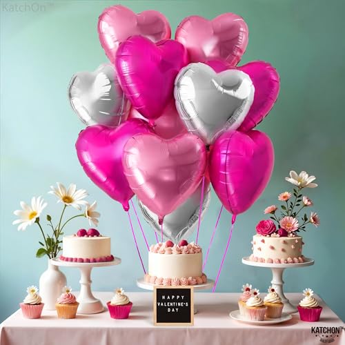 Image of KatchOn, Silver and Pink Heart Balloons- 18 Inch, Pack of 12 | Heart Shaped Balloon for Valentines Day Decorations | Galentines Balloons for Galentines Day Decorations | Happy Valentines Day Balloon