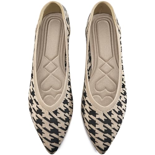 HARENCE Women's Flats Ballet Shoes: Comfortable Pointed Toe Soft Knit Flat Casual Slip On Work Dress Shoes for Walking Beige/Black