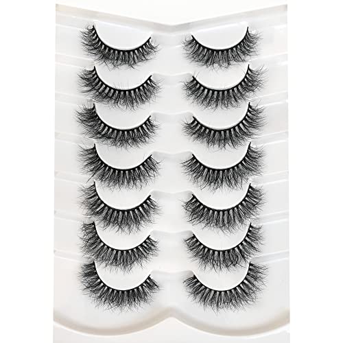 Pooplunch False Eyelashes Natural Volume 8D Faux Mink Lashes Wispy Short Fake Eye Lashes Strips 7 Pairs Pack