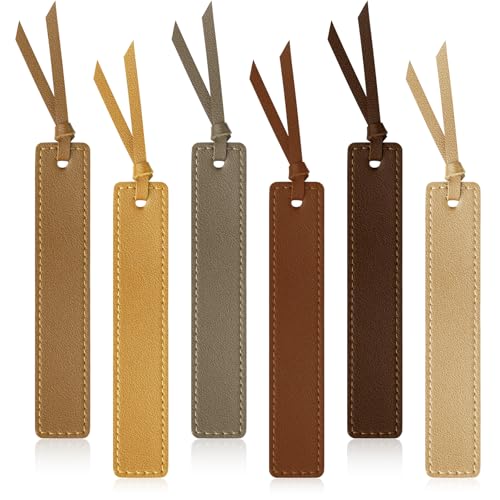 MIXVOVA 6 Pcs Leather Bookmark with Tassel, Classic Style Bookmark, 0.05 Inches Thin Handmade Stitched Bookmarks for Men, Book Marks for Reading, Gifts for Book Lovers, Readers (Light Retro)