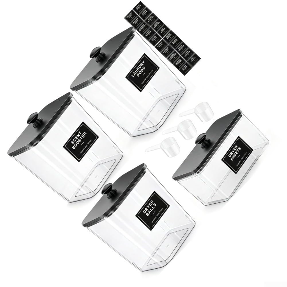4 Botes Lavandería PET con Tapa para madera Negro 4 Botes Lavandería