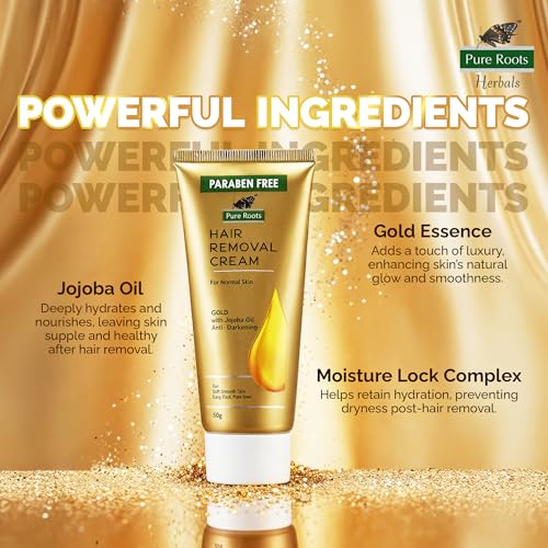 Image of Pure Roots Gold Hair Removal Cream 50g (Pack of 3) Gentle formula Enriched with Jojoba Oil, Painless, Easy and Effective Hair Removal Cream for Women and Men - 150g