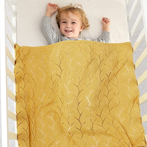 LAWKUL Cellular Blanket Baby 100% Cotton Knitted Soft Knit Crochet Blankets for Newborn Boy Girls Toddler 100x80cm Yellow - Image 2
