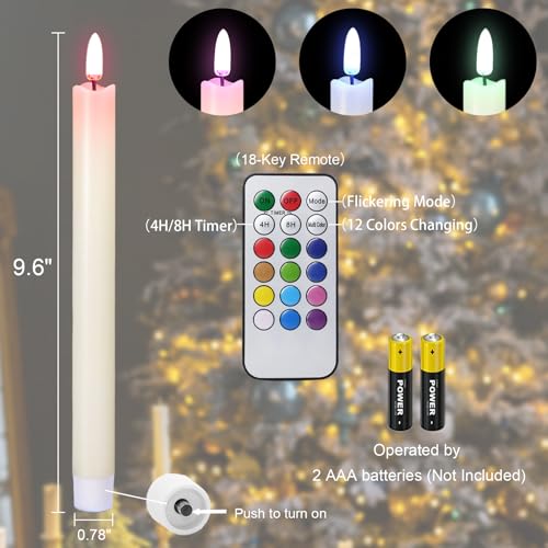 Image of GenSwin Flameless Taper Candles with Remote, Real Wax and Color Changing Wick LED Taper Candles Battery Operated, 6 Pcs Flameless Candlesticks for Halloween Christmas Decor(Ivory, 0.78 inchx9.6 inch)