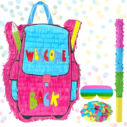 Back To School Piñata Set Include 16 x 12 x 3 Inch Backpack Pinata Stick Blindfold Confetti for First Day of Class Decorations School Classroom Elementary Kindergarten Party Games Supplies