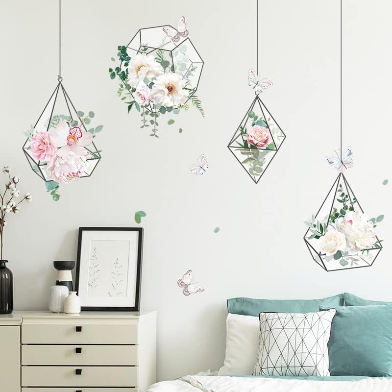 Calcomanías de pared de cesta colgante de flores, cesta de plantas verdes florales extraíbles, calcomanías de pared de vinilo para despegar y pegar,