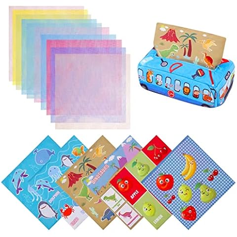 XINRUI Baby Tissue Box Toy, Baby Sensory Toys Musical Toys Montessori Toys Crinkle Toys Colorful Soft Scarf Box for Toddler, Infants, Newborns and Kids Educational Preschool Learning Gift Cover