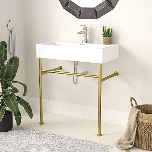 Console Sink with Gold Legs, Logmey 30 Inch Ceramic Basin Logmey Glossy White Rectangle Porcelain Freestanding Bathroom Sink With Tower Bar And Chrome Finishi Overflow,Pedestal Bathroom Sink