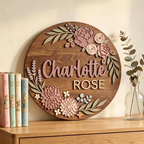 Personalized Wooden Nursery Name Sign, Custom Floral Baby Name Plaque,