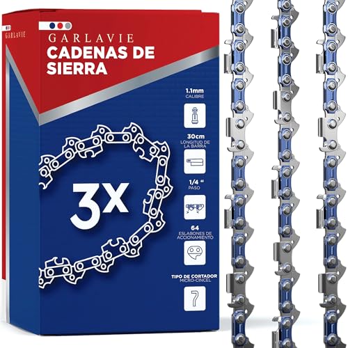 Juego de 3 cadenas de motosierra 30cm - 1/4' LP Paso - 1.1mm - 64 Eslabones motrices - Cadena de sierra con brazo antirretorno compatible con muchas marcas de motosierra