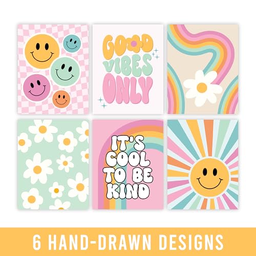 Image of Hadley Designs 6 Retro Girls Room Wall Art - Groovy Girls Room Decor for Bedroom, Aesthetic Nursery or Teen Bedroom Art, Unframed Cute Retro Posters for Kids' Space, Made in USA