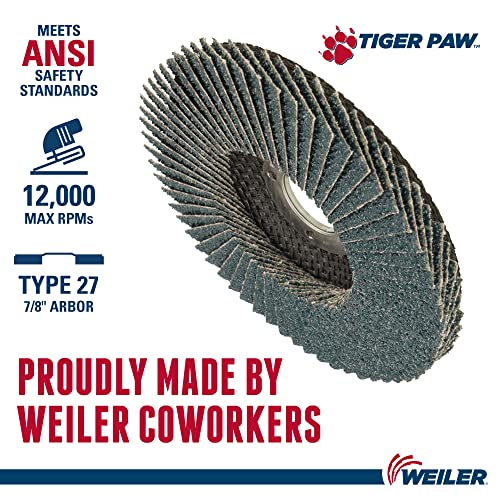 Image of Weiler 51162 Tiger Paw XHD Super High Density Abrasive Flap Disc, Type 27 Flat Style, Phenolic Backing, Zirconia Alumina, 4-1 /2 inch Diameter, 7 /8 inch Arbor, 60 Grit, 12000 RPM (Pack of 10)
