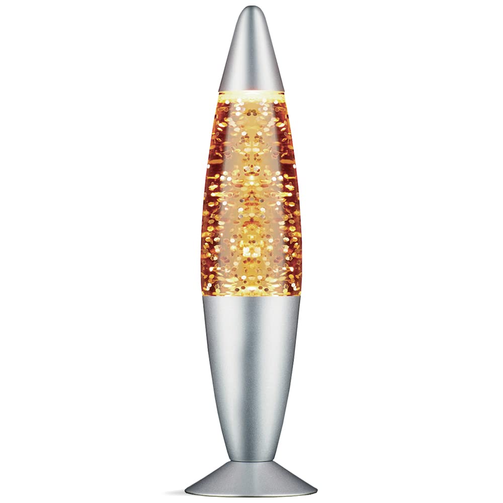 Lampara de Lava Purpurina Glitter Destellos color Amarillo, 40 cm de Altura, Base Gris