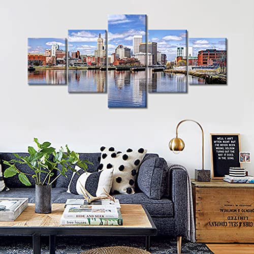 Tumovo 5 Piece Wall Decorations For Living Room Providence, Rhode Island Wall Art Downtown Cityscape Poster Prints On Canvas Modern Providence Skyline Home Decor Framed Ready To Hang (50''Wx 24''H) #TOP3