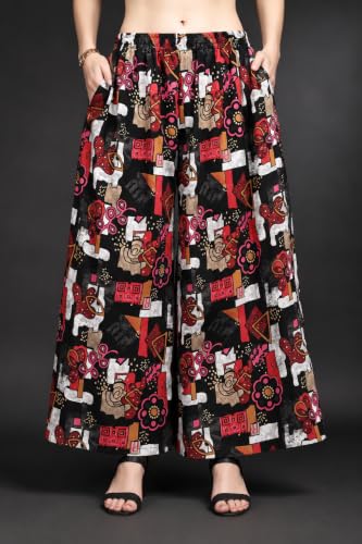 Image of Viscose Rayon Flared Printed Plazzo Palazzo Pants, Loose /Relaxed Fit Regular, Office Wear, Casual Wear Comfortable, Trouser Pants for Girls & Women Black Kerri Design (S to 3XL Size)