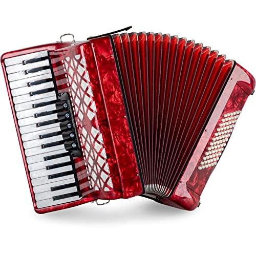 Acordeón Classic Cantabile 72 Bajos "Secondo V" - Acordeón de teclas - 3 voces - 34 teclas de agudos - con correas y funda mochila - Rojo