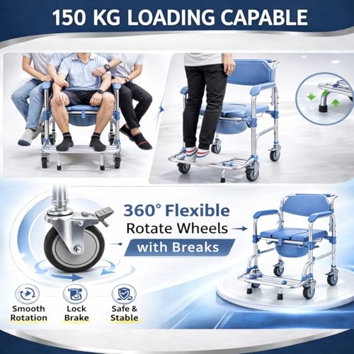 Image of 3-in-1 Commode Wheelchair for Seniors & Patients 150kg Capacity Portable Shower Chair with Rolling Wheels & Removable Bucket, Fits Indian & Western Toilets (90x55x51 cm, Blue)