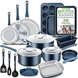 NutriChef Professional 20 Pc Kitchen Set in Navy Blue - Durable Non-Stick Pots and Pans with Bakeware, Compatible with Any Cooktop, Easy Clean