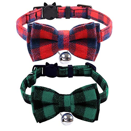 2-Pack Plaid Cat Bow Tie Collars with Bell, Red and Green