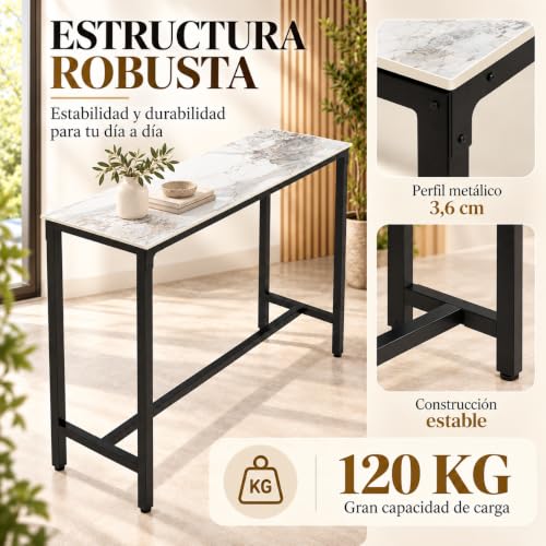 Miniatura 4 de Fativo Mesa De Bar Alta Mármol Rectangular: 120 X 40 X 105 Cm Mesa Barra Comedor Barra Americana Cocina De Piedra Sinterizada Para Cóctel Bistro Hogar Cafetería Tapas, Blanca Jade Brillante
