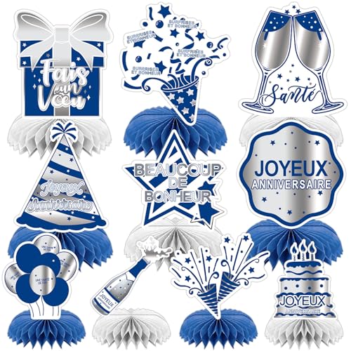 AUGSUN 10 Pièces Centre de Table Anniversaire Décoration Bleue de Fête Français Joyeux Anniversaire Accessoires