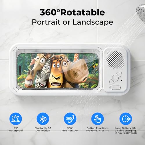 Soporte para teléfono de ducha IPX8 con altavoz Bluetooth 5.3 y ventosa 360 2