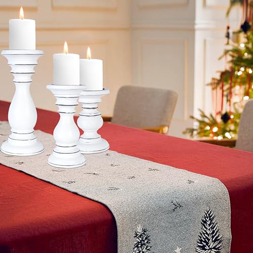 White-Antique-Wooden-Candle-Holders-Set-of-3-Tall-Pillar-Candle-Stands-10-8-6-Farmhouse-Style-Rustic-Wood-Candle-Holders-Vintage-Home-Decor-Accent White Antique Wooden Candle Holders Set of 3 Tall Pillar Candle Stands 10 8 6 Farmhouse Style Rustic Wood Candle Holders Vintage Home Decor Accent