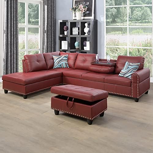SIENWIEY Sectional Sofa Set for Living Room Furniture, Leather L Shaped Sofa Chaise with Drop-Down Table and Storage Ottoman for Small Space Apartment House(Red-Leather,Left Chaise)