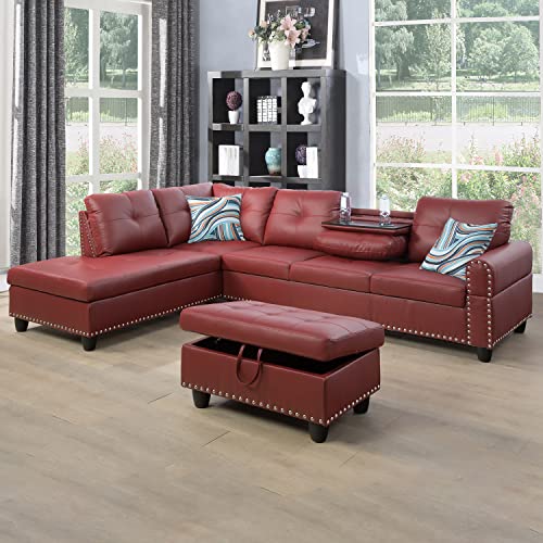 Sienwiey Sectional Sofa Set For Living Room Furniture, Leather L Shaped Sofa Chaise With Drop-Down Table And Storage Ottoman For Small Space Apartment House(Red-Leather,Left Chaise) #TOP27