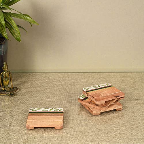 Image of AAKRITI ART CREATIONS Minty Leaves Hand Painted Coasters | Wooden Coaster Set of 4 | Decorative Coaster Matte Finish | Floral Art Mango Wood Handcrafted Coasters | Brown Wooden Coaster Set