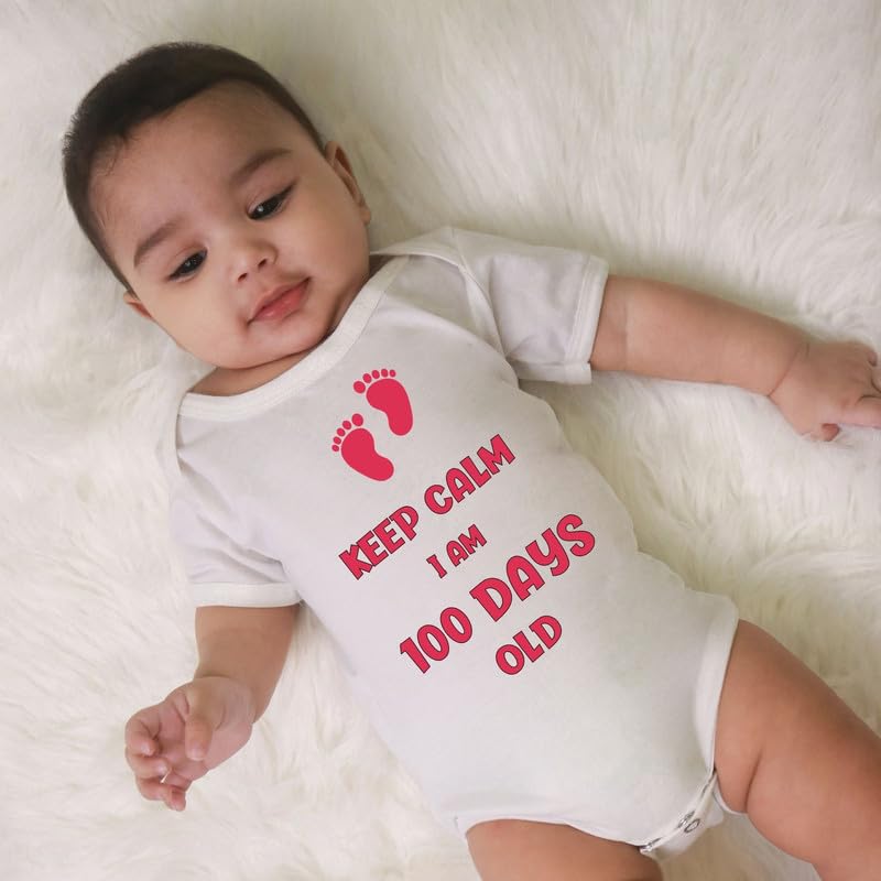 Image of KNITROOT New Born Theme, Keep Calm I Am 100 Days Old, Onesies, Unisex Baby Kids Half Sleeve 100% Cotton Romper, Sleepsuit, Bodysuit, 0-12 Months, Infant Cloths for Boys & Girls
