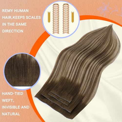 Image of Full Shine Genius Weft Hair Extensions, Medium Brown Honey Blonde 18 Inch | 90g 4 PCS, Invisible Tape in Hair Extensions Human Hair, Hand Tied Weft, Thin Base, Natural Movement, Wedding Hairstyles