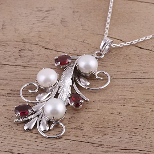 Novica Handmade Rhodium Plated Garnet Cultured Pearl Pendant Necklace From India Sterling Silver Freshwater White Leaf Tree Birthstone 'Royal Vine' #TOP2