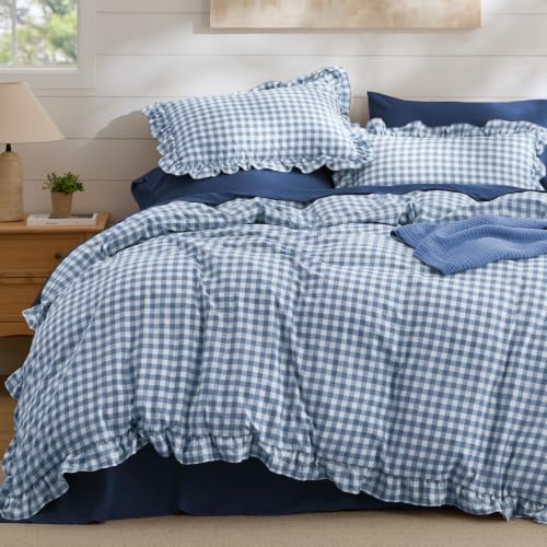 Image of Bedsure Gingham Ruffle Duvet Cover Set, Queen Cotton-Like Quilt Cover, Blue