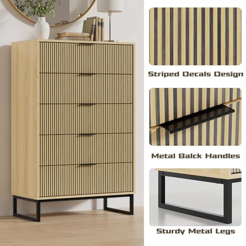 Image of Tall 5 Drawers Dresser Set of 2 for Bedroom, Natural Wood Dresser with Metal Handle, 49.2'' Chest of Drawers Modern Drawer Organizer with Large Drawers for Living Room, Cloest, Hallway
