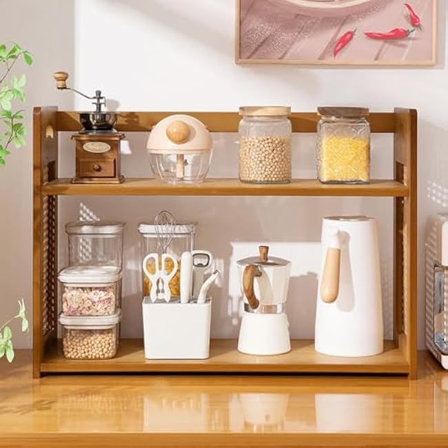 Small Countertop Organizer Kitchen Tabletop Storage Racks 2 Tier Spice Jar Storage Rack Breathable Woven Rattan Shelving for Kitchen Living Dinning Room Break Room,Black,27.6 * 9.5 * 19in