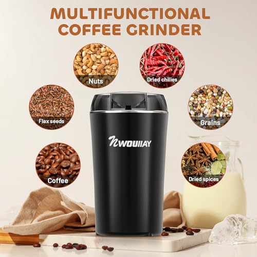 NWOUIIAY Kaffeemühle Elektrisch mit Edelstahlklingen, 300W Elektrische Kaffeemühle mit 75g Fassungsvermögen für Kaffeebohnen, Kräuter, Nüsse, Körner