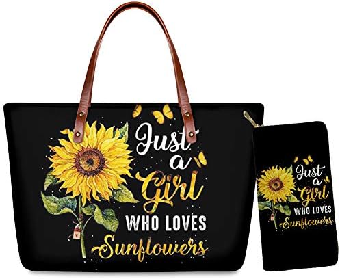 WELLFLYHOM Girl Love Sunflower Handbag with Wallet Sets, Custom Evening Party Beach Travel Tote Bag,Top Handle Bags for Women College Girls Large Shoulder Purse + Zipper Wallet with Coin Pocket