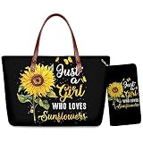 WELLFLYHOM Girl Love Sunflower Handbag with Wallet Sets, Custom Evening Party Beach Travel Tote Bag,