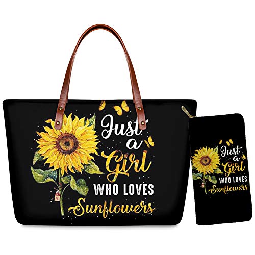 Wellflyhom Girl Love Sunflower Handbag With Wallet Sets, Custom Evening Party Beach Travel Tote Bag,Top Handle Bags For Women College Girls Large Shoulder Purse + Zipper Wallet With Coin Pocket #TOP21