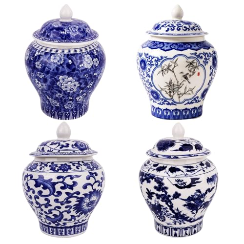 Set of 4 Blue and White Porcelain Vases, Chinoiserie Ginger Jars