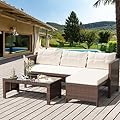 Shintenchi 3-Piece Outdoor Patio Furniture Sets, Wicker Patio Conversation Sets, All Weather Wicker Rattan Patio Seating Sofas with Glass Coffee Table and Cushion, Beige