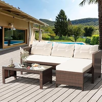 Shintenchi 3-Piece Outdoor Patio Furniture Sets, Wicker Patio Conversation Sets, All Weather Wicker Rattan Patio Seating Sofas with Glass Coffee Table and Cushion, Beige